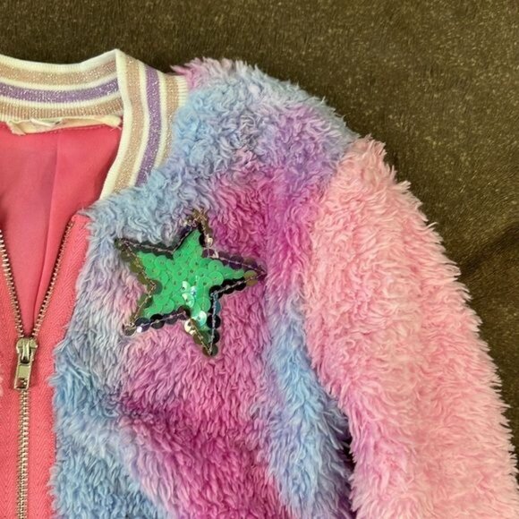 Baby Sara Multi Pink Tie Dye Faux Fur Bomber Jacket w/Star Trim Detail - Picture 7 of 10